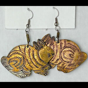 Vintage Rabbit Earrings Metal Pierced Ears Dangle Copper Gold Patina Lightweight